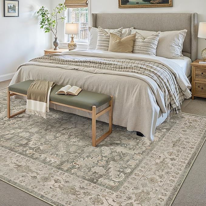PureCozy Brown 5x7 Area Rug Vintage Washable Living Room Carpet Non Slip Bedroom Indoor Office Low Pile Traditional Distressed Retro Accent Rug for Dining Room Bathroom Kitchen