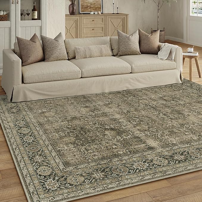 PureCozy Light Brown Area Rug 6x9 Vintage Washable Indoor Door Mat Living Room Carpet Tribal Distressed Retro Accent Throw Rug for Office Dining Room Bathroom Faux Wool