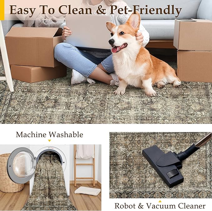 PureCozy Brown Runner Rug 3x7 Vintage Area Carpet Hallway Long Indoor Kitchen Washable Living Room Low Pile Traditional Distressed Retro Accent Throw Rug Non Slip Laundry Bathroom Office Dining Room