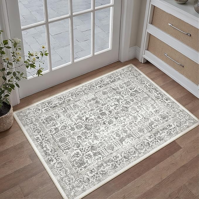 PureCozy Black Entryway Area Rug 2x3 Door Mat Machine Washable Kitchen Vintage Distressed Non Slip Carpet Indoor Retro Floral Accent Throw Small Rug for Bathroom Office Bedroom Dining Room
