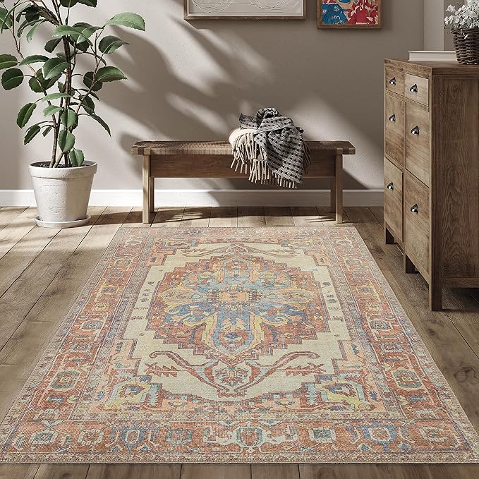 RugOver Machine Washable Area Rug, Pet-Friendly and Non-Slip Indoor Carpet for Kitchen, Bathroom, Living Room, Home Floor Decoration(Ethnic Style Color, 5'1" x 7'5")