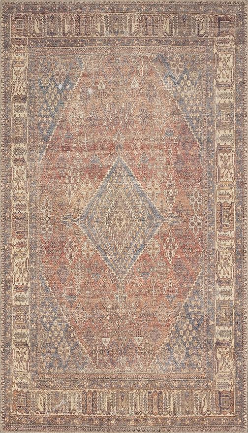 RugOver Machine Washable Area Rug, Pet-Friendly and Non-Slip Indoor Carpet for Kitchen, Bathroom, Living Room, Home Floor Decoration(Clay/Prussian, 3' x 5')