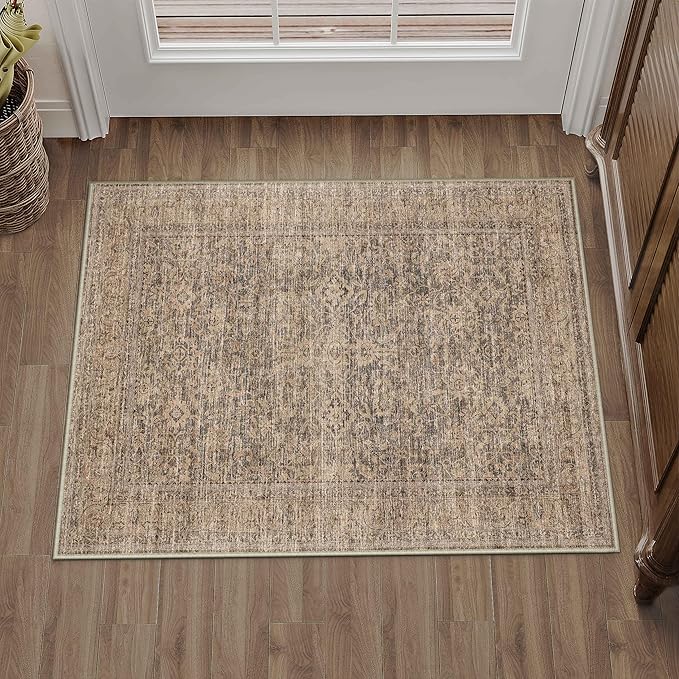 PureCozy 2x3 Area Rug Brown Machine Washable Entryway Door Mat Vintage Distressed Non Slip Carpet Indoor Small Low Pile Thin Kitchen Bathroom Retro Accent Throw Rug Entrance Bedroom Office Living Room