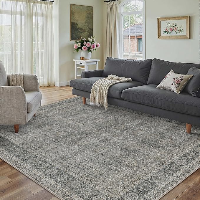 PureCozy Vintage Area Rug 5x7 Grey Brown Washable Living Room Large Carpet Non Slip Bedroom Indoor Office Low Pile Traditional Distressed Retro Accent Rug for Dining Room Bathroom Kitchen