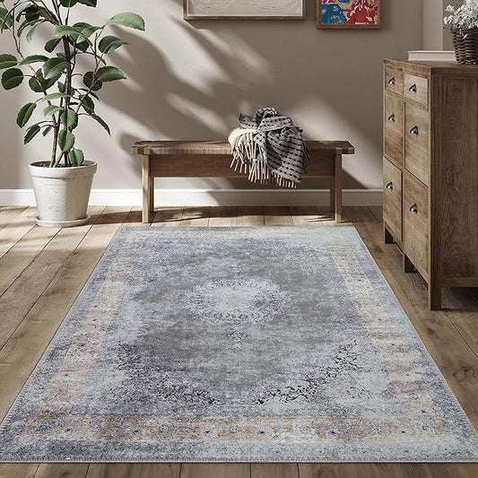 RugOver Machine Washable Area Rug, Pet-Friendly and Non-Slip Indoor Carpet for Kitchen, Bathroom, Living Room, Home Floor Decoration(Ash/Champagne, 3' x 5')