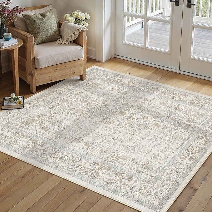 PureCozy Taupe Area Rug 3x5 Office Entryway Rug Machine Washable Kitchen Vintage Distressed Non Slip Carpet Indoor Retro Floral Accent Throw Door Mat for Bathroom Bedroom Dining Living Room