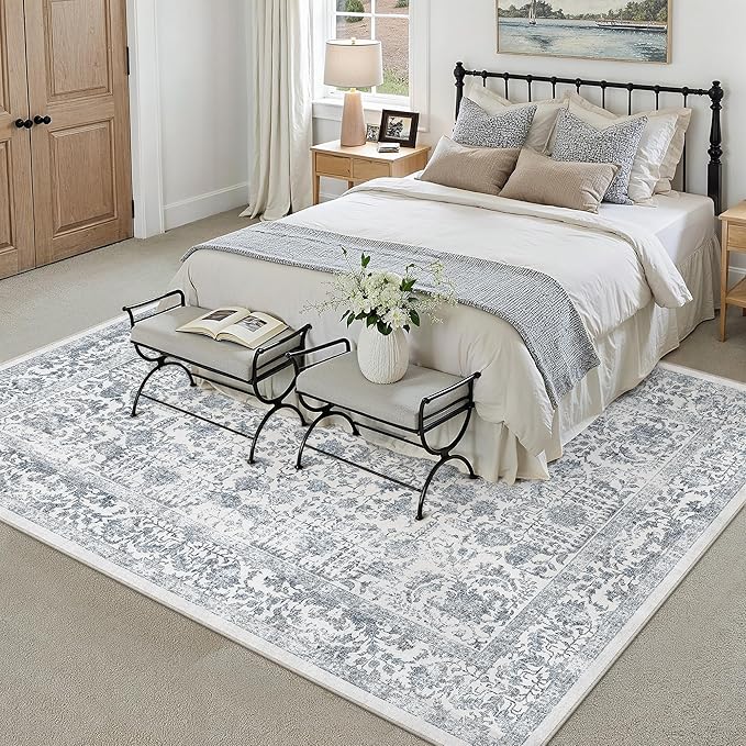 PureCozy Navy Blue Area Rug 5x7 Machine Washable Vintage Living Room Distressed Non Slip Carpet Traditional Indoor Bedroom Retro Floral Accent Throw Large Rug for Office Kitchen Bathroom Dining Room