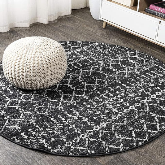 JONATHAN Y Boho Vintage Diamond Black/Ivory Round Area Rug 6 ft, Moroccan Hype for Living Room, Bedroom, Kitchen, Office, Easy-Cleaning, High Traffic, Pet-Friendly, Non-Shedding (MOH101D-6R)