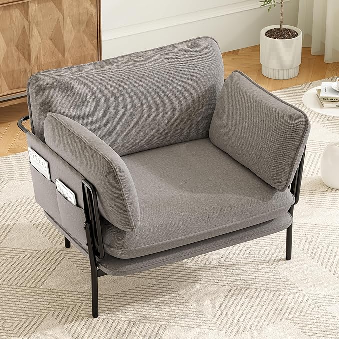 AYEASY Modern Accent Chair for Living Room, Oversized Reading Chair with Solid Metal Legs, Upholstered Fabric Armchair with Side Pockets and 2 Pillows, Comfy Accent Chairs for Bedroom, Nursery, Khaki