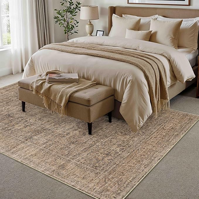 PureCozy 5x7 Area Rug Brown Machine Washable Living Room Bedroom Vintage Distressed Non Slip Carpet Indoor Low Plie Thin Dining Room Office Retro Accent Throw Rug