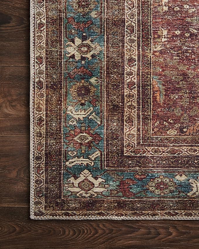 Loloi Layla Collection LAY-01 Brick/Blue 5'-0" x 7'-6" .13" Thick Area Rug, Soft, Durable, Vintage Inspired, Distressed, Low Pile, Non-Shedding, Easy Clean, Printed, Living Room Rug