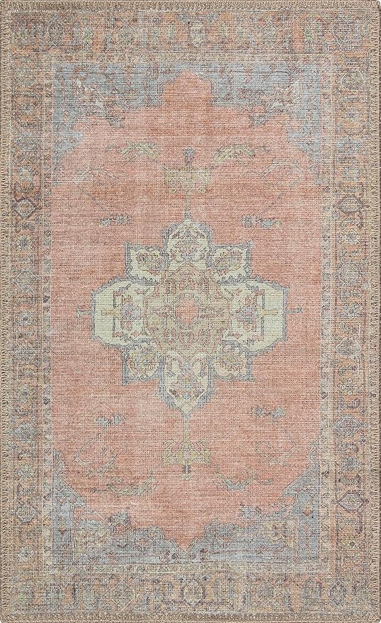 RugOver Machine Washable Area Rug, Pet-Friendly and Non-Slip Indoor Carpet for Kitchen, Bathroom, Living Room, Home Floor Decoration(Coral/Ice, 2' x 3')