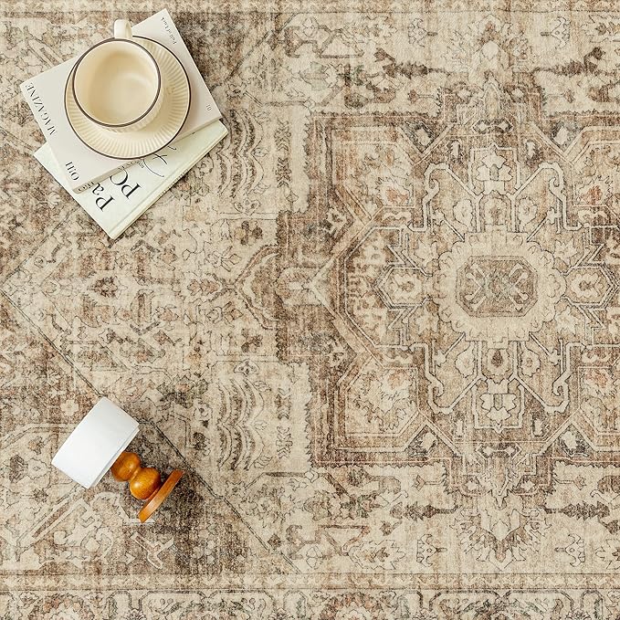 PureCozy Brown Multi Area Rug 6x9 Vintage Washable Distressed Living Room Carpet Large Indoor Non Slip Traditional Medallion Retro Low Pile Accent Throw Rug Bedroom Kitchen Office Dining Room
