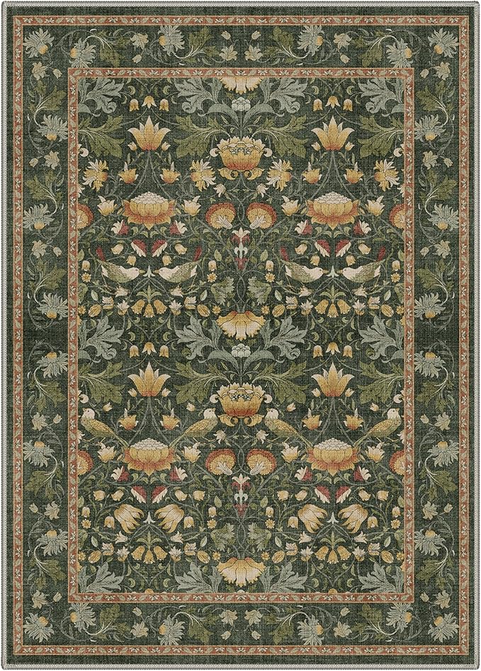 Bavni Boho Area Rugs 5x7, Botanical Vintage Floral Bird Living Room Rug, Washable Rug Stain Resistant Non Slip, Low Pile Thin Soft Olive Green Throw Accent Carpet for Bedroom, Dining Room, Home Office