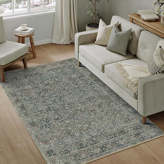 PureCozy Area Rug 5x7 Gray Living Room Washable Vintage Carpet Non Slip Indoor Retro Traditional Grey Accent Throw Large Rug for Office Kitchen Bedroom Dining Room
