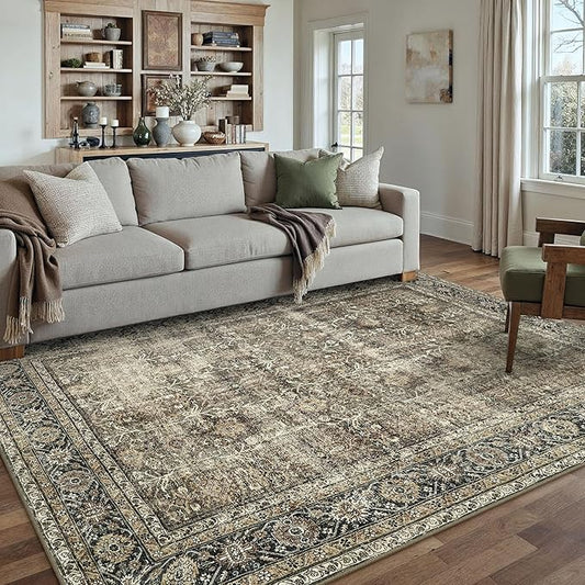 PureCozy Vintage Area Rug 5x8 Brown Washable Living Room Large Carpet Non Slip Bedroom Indoor Office Low Pile Traditional Distressed Retro Accent Rug for Dining Room Bathroom Kitchen