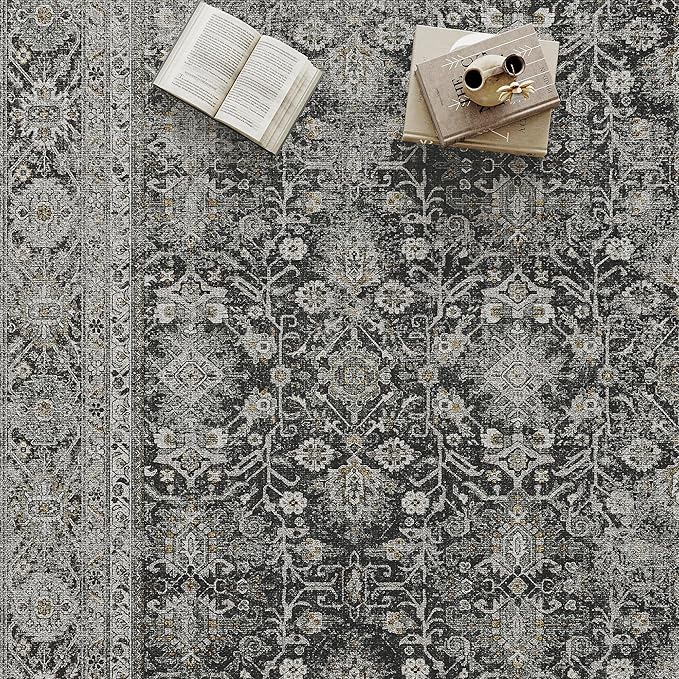 PureCozy Black Runner Rug 2x7 Vintage Area Carpet Hallway Long Indoor Kitchen Washable Living Room Low Pile Traditional Distressed Retro Accent Throw Rug Non Slip Laundry Bathroom Office Dining Room