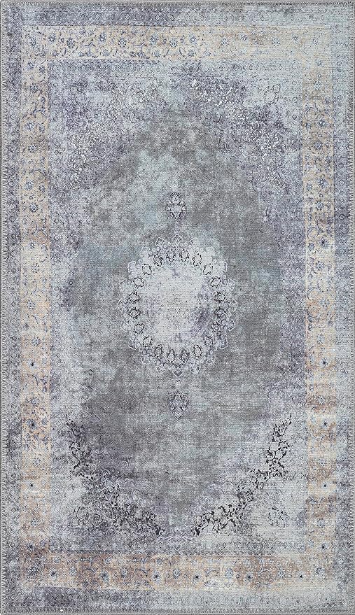 RugOver Machine Washable Area Rug, Pet-Friendly and Non-Slip Indoor Carpet for Kitchen, Bathroom, Living Room, Home Floor Decoration(Ash/Champagne, 3' x 5')