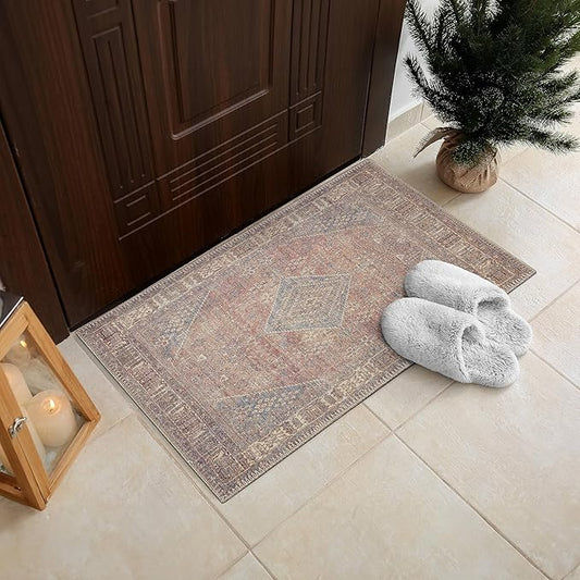 RugOver Machine Washable Area Rug, Pet-Friendly and Non-Slip Indoor Carpet for Kitchen, Bathroom, Living Room, Home Floor Decoration(Clay/Prussian, 2' x 3')