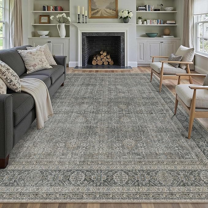 PureCozy Vintage Area Rug 8x10 Grey Brown Washable Living Room Large Carpet Non Slip Bedroom Indoor Office Low Pile Traditional Distressed Retro Accent Rug for Dining Room