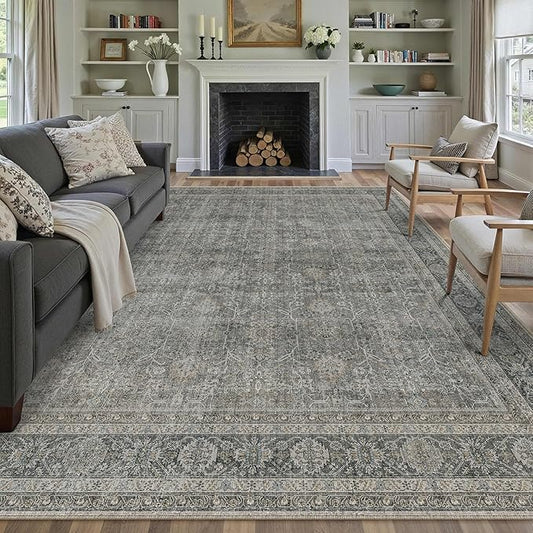 PureCozy Vintage Area Rug 8x10 Grey Brown Washable Living Room Large Carpet Non Slip Bedroom Indoor Office Low Pile Traditional Distressed Retro Accent Rug for Dining Room