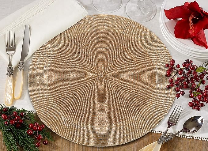 Beaded Placemats for Dining Table Dia 13 inches- Gold Tonal,Wire Beaded Placemats Round for Gathering, Thanksgiving - Occasional Decoration and Family Parties Celebrations.Set of 4