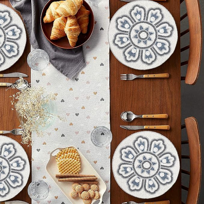 Round White & Grey Silver Beaded Placemats - 13 in Round, Perfect for Dining Table, Ideal for Holidays & Christmas, Glitz Charger Included
