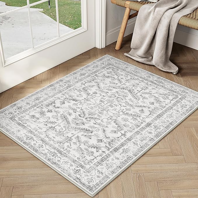 PureCozy Grey 2x3 Entryway Rug Vintage Area Carpet Indoor Kitchen Washable Door Mat Entrance Small Low Pile Traditional Distressed Retro Accent Throw Rug Non Slip Office Bathroom