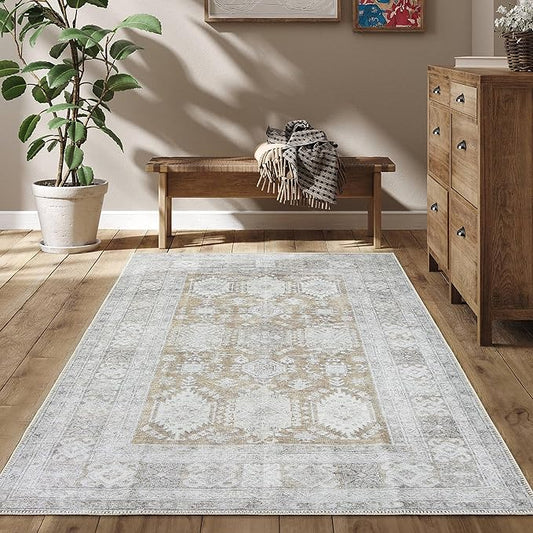 RugOver Machine Washable Area Rug, Pet-Friendly and Non-Slip Indoor Carpet for Kitchen, Bathroom, Living Room, Home Floor Decoration(Ivory/Walnut, 3' x 5')