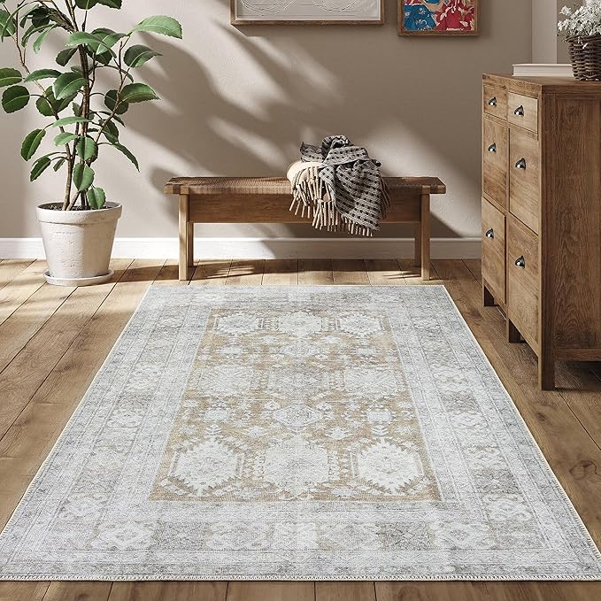 RugOver Machine Washable Area Rug, Pet-Friendly and Non-Slip Indoor Carpet for Kitchen, Bathroom, Living Room, Home Floor Decoration(Ivory/Walnut, 5'1" x 7'5")