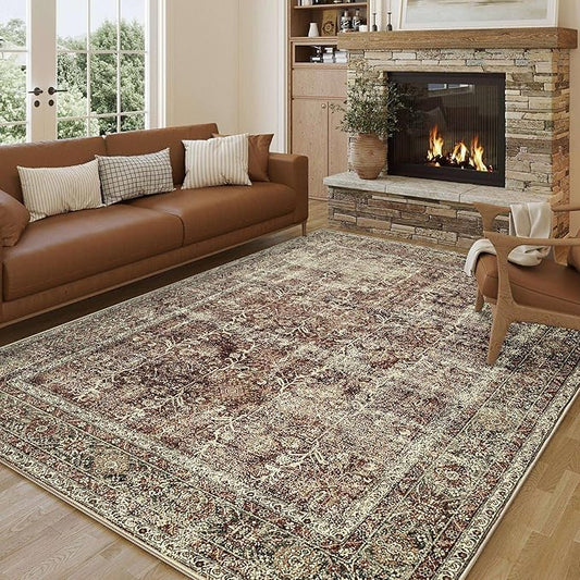 PureCozy Vintage Area Rug 5x7 Rust Red Washable Living Room Large Carpet Non Slip Bedroom Indoor Office Low Pile Traditional Distressed Retro Accent Rug for Dining Room Bathroom Kitchen