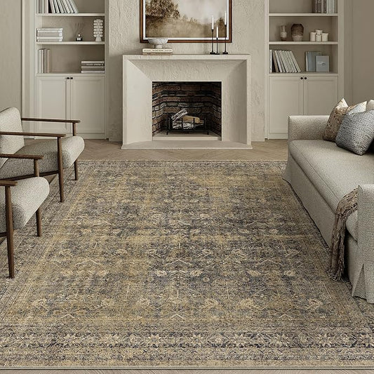 PureCozy 6x9 Brown Black Area Rug for Living Room Washable Vintage Distressed Carpet Large Bedroom Low Pile Non Slip Indoor Soft Retro Throw Accent Rug Office Kitchen Bathroom Dining Room