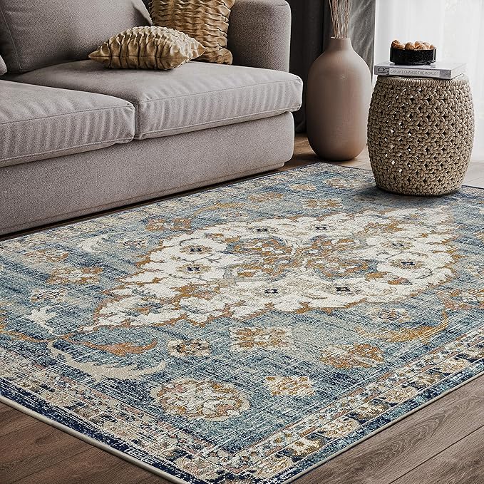 Abani Blue & Beige Traditional Medallion 5'3" X 7'6" Area Rug, Porto Collection - Vintage Style Rugs Turkish Accent Rug
