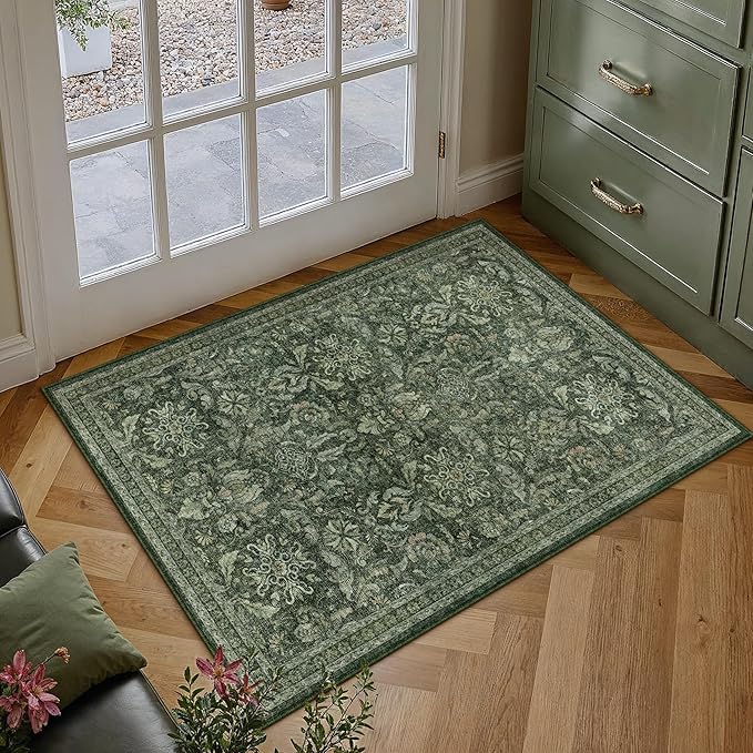 PureCozy Dark Green 2x3 Area Rug Washable Entryway Door Mat Vintage Carpet Indoor Non Slip Small Low Plie Thin Kitchen Bathroom Rug Retro Accent Throw Entrance Bedroom Office Living Room