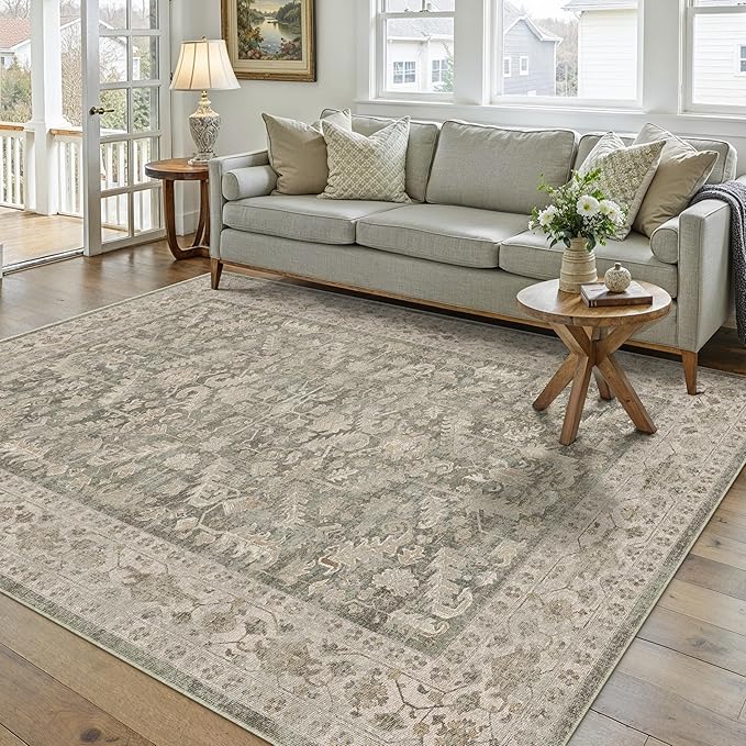 PureCozy Brown 5x7 Area Rug Vintage Washable Living Room Carpet Non Slip Bedroom Indoor Office Low Pile Traditional Distressed Retro Accent Rug for Dining Room Bathroom Kitchen