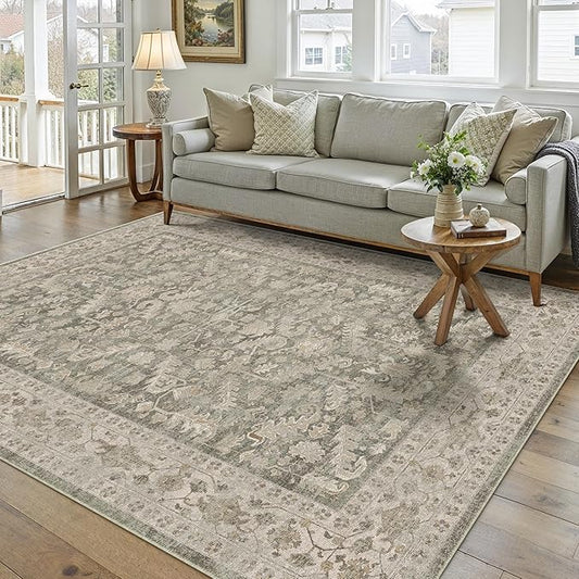 PureCozy Brown 5x7 Area Rug Vintage Washable Living Room Carpet Non Slip Bedroom Indoor Office Low Pile Traditional Distressed Retro Accent Rug for Dining Room Bathroom Kitchen