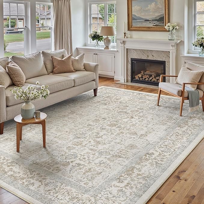 PureCozy Taupe Area Rug 5x8 Machine Washable Vintage Living Room Distressed Non Slip Carpet Traditional Indoor Bedroom Retro Floral Accent Throw Large Rug for Office Kitchen Bathroom Dining Room