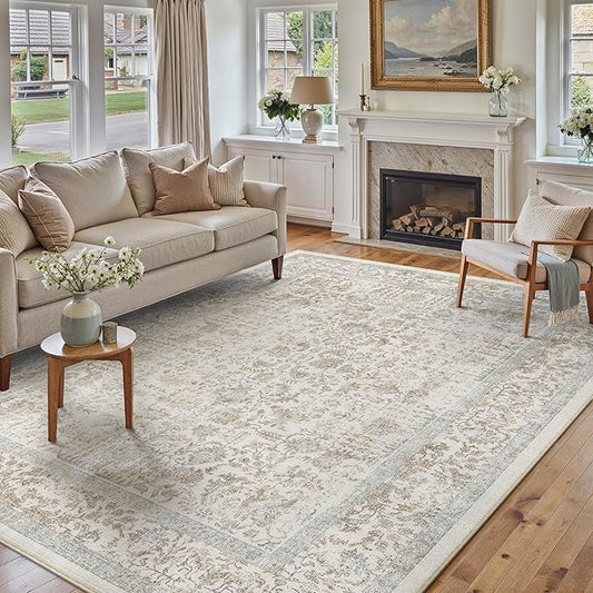 PureCozy Taupe Area Rug 5x8 Machine Washable Vintage Living Room Distressed Non Slip Carpet Traditional Indoor Bedroom Retro Floral Accent Throw Large Rug for Office Kitchen Bathroom Dining Room