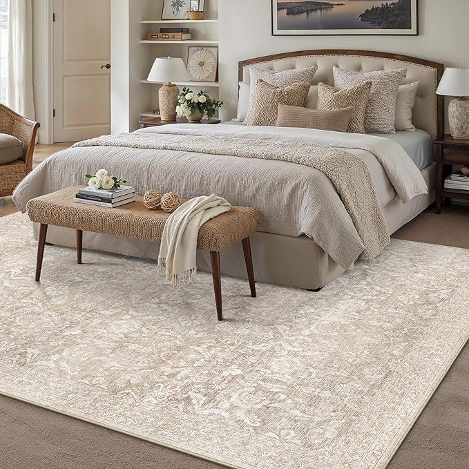 PureCozy 6x9 Area Rug Washable Beige Vintage Living Room Bedroom Carpet Indoor Large Non Slip Soft Low Pile Thin Rug Retro Accent Throw Office Dining Room
