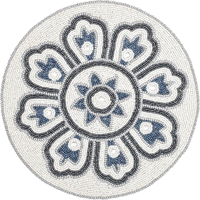Round White & Grey Silver Beaded Placemats - 13 in Round, Perfect for Dining Table, Ideal for Holidays & Christmas, Glitz Charger Included