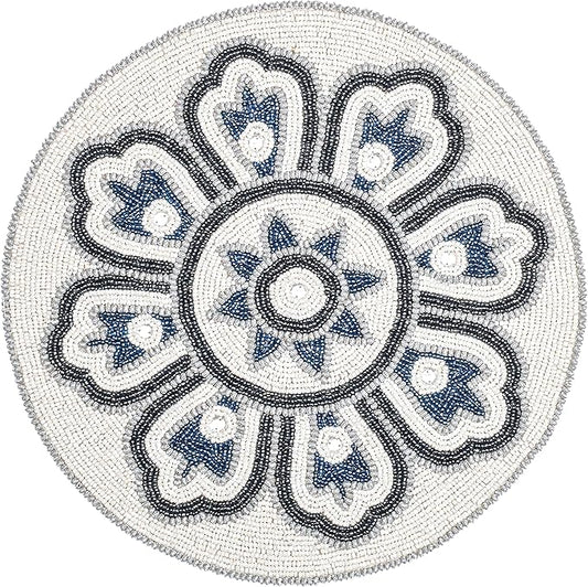Round White & Grey Silver Beaded Placemats - 13 in Round, Perfect for Dining Table, Ideal for Holidays & Christmas, Glitz Charger Included