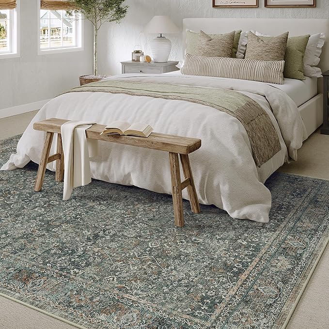 PureCozy Area Rug 5x7 Gray Living Room Washable Vintage Carpet Non Slip Indoor Retro Traditional Grey Accent Throw Large Rug for Office Kitchen Bedroom Dining Room