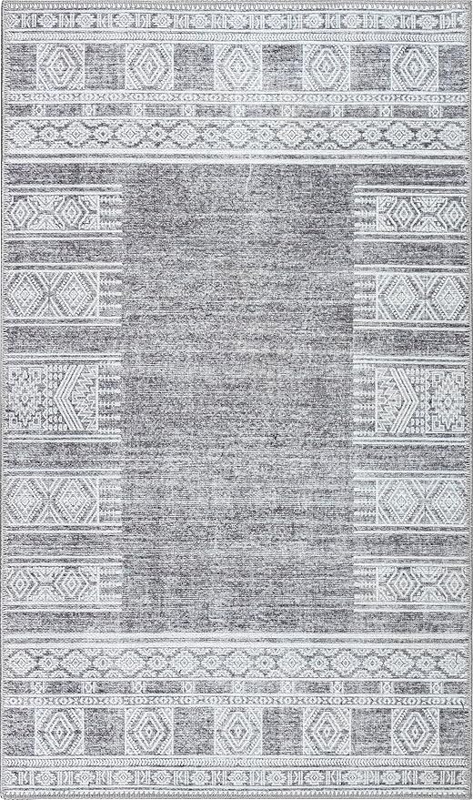 RugOver Machine Washable Area Rug, Pet-Friendly and Non-Slip Indoor Carpet for Kitchen, Bathroom, Living Room, Home Floor Decoration(Charcoal/White, 3' x 5')