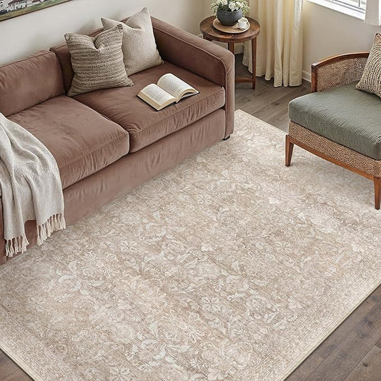 PureCozy 4x6 Area Rug Washable Beige Vintage Entryway Office Carpet Indoor Non Slip Small Low Plie Thin Bedroom Kitchen Rug Retro Accent Throw Living Dining Room Bathroom