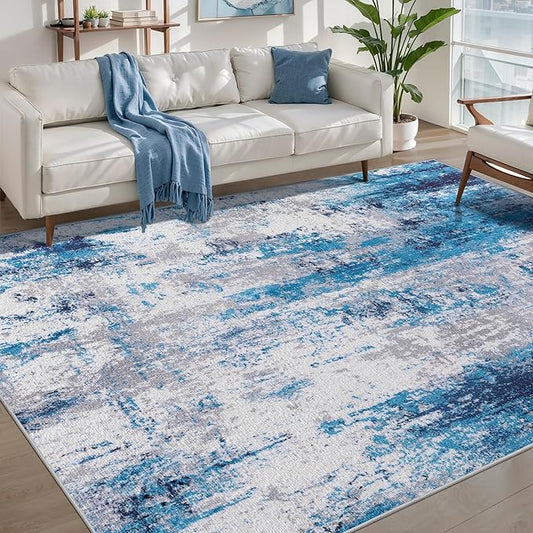 Ciicool Modern Abstract Rug for Living Room, 5'x7' Machine Washable Area Rug Non-Slip Rug, Low-Pile Contemporary Indoor Dining Floor Carpet for Bedroom Office Under Table Home Decor Grey Blue