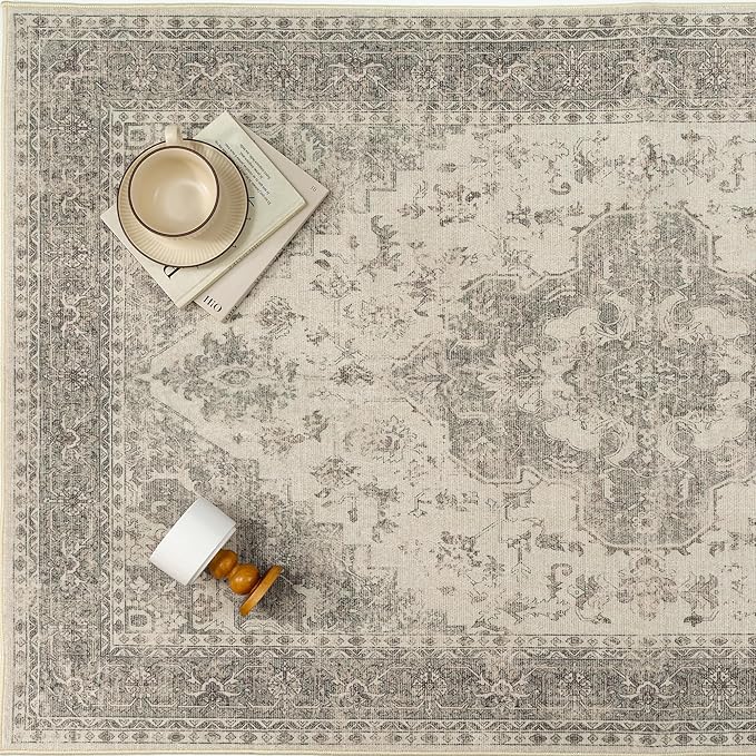 PureCozy 6x9 Washable Area Rug Beige Grey Vintage Distressed Large Rug for Living Room Oriental Soft Thin Indoor Retro Gray Carpet Non Slip Low Pile Floor Cover for Bedroom Dining Room Office Nursery