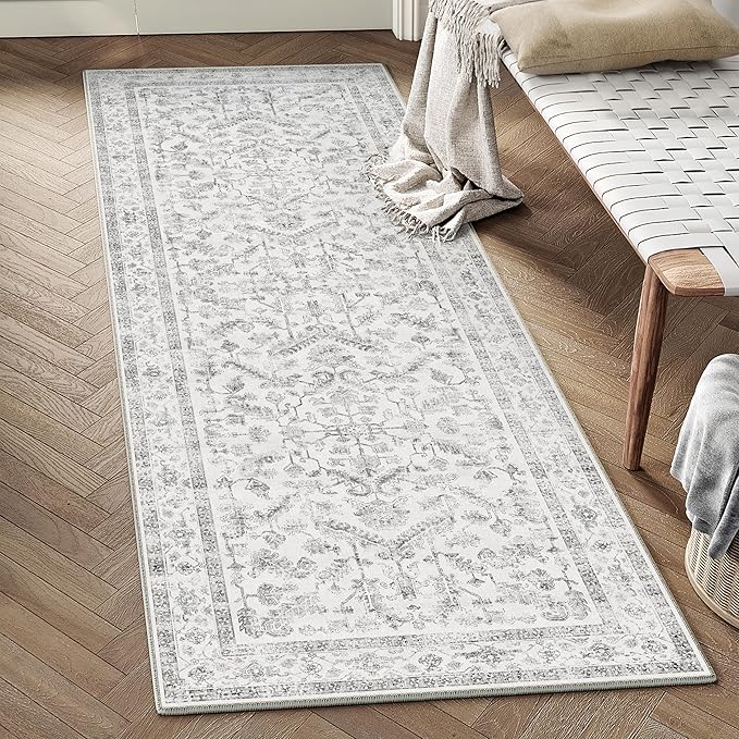PureCozy Grey 2x6 Runner Rug Vintage Area Carpet Hallway Indoor Kitchen Washable Low Pile Traditional Distressed Retro Accent Throw Rug Non Slip for Laundry Bathroom Office