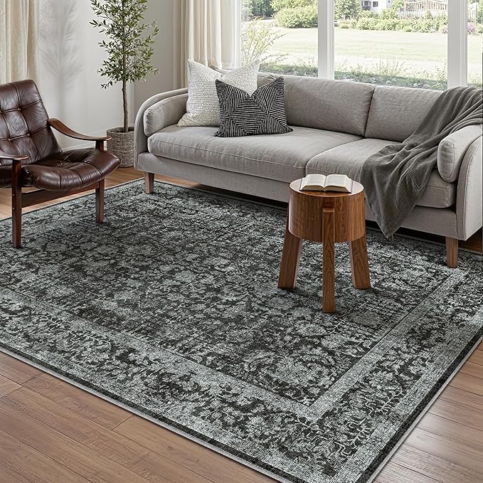 PureCozy Dark Black Area Rug 6x9 Machine Washable Vintage Living Room Distressed Non Slip Carpet Traditional Indoor Bedroom Retro Floral Accent Throw Large Rug for Office Kitchen Dining Room
