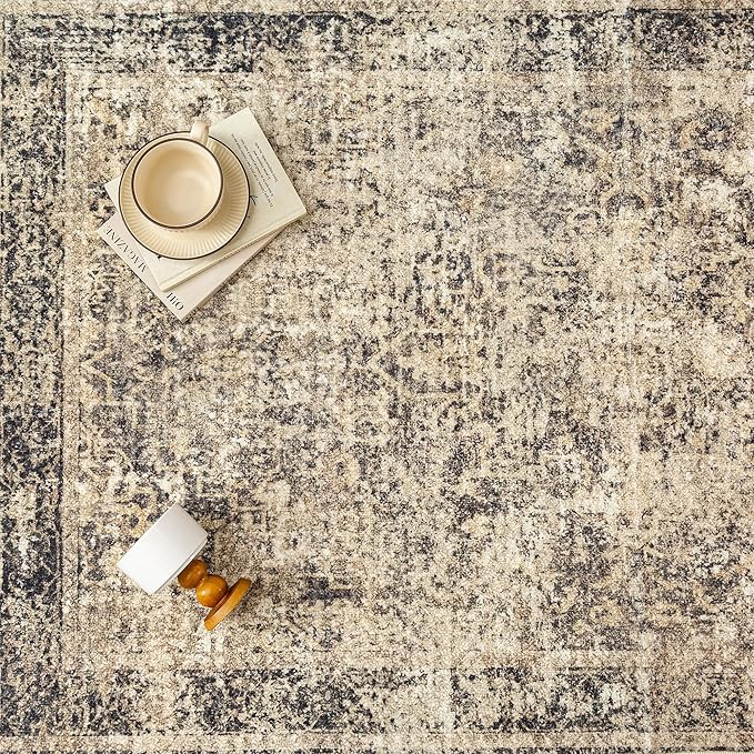 PureCozy 6x9 Area Rug Washable Vintage Neutral Living Room Carpet Large Indoor Non Slip Brown Bedroom Distressed Low Pile Retro Accent Throw Rug for Dining Room