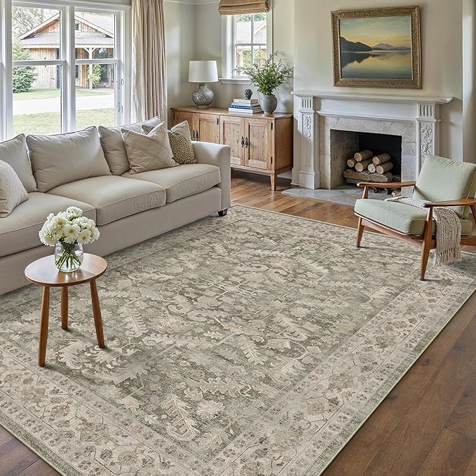 PureCozy Brown 5x7 Area Rug Vintage Washable Living Room Carpet Non Slip Bedroom Indoor Office Low Pile Traditional Distressed Retro Accent Rug for Dining Room Bathroom Kitchen